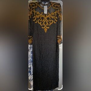 Laurence Kazar Elegant Black and Gold Embellished Dress, vintage Macys large